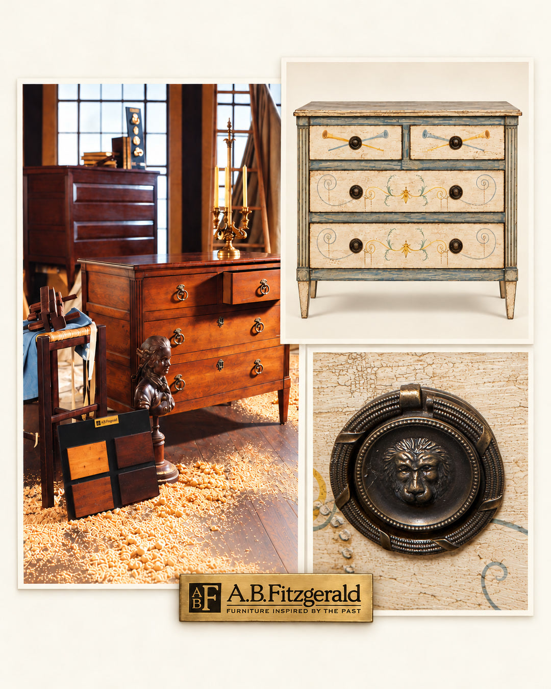 A.B. Fitzgerald archive: walnut casegoods, a painted chest and its lion-head drawer pull