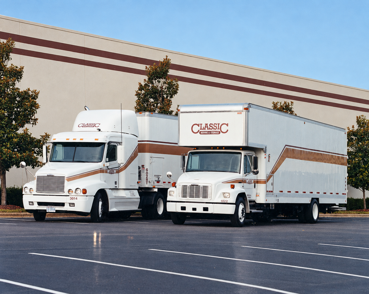 Refined archival photograph of Classic Moving and Storage trucks