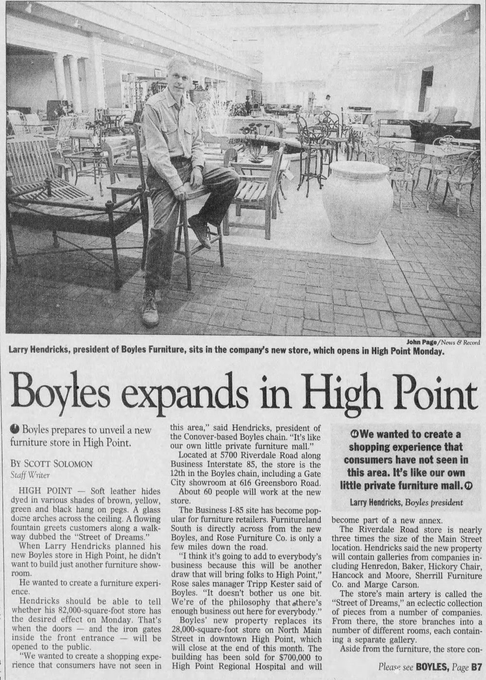 November 1995 News and Record clipping showing Larry Hendricks