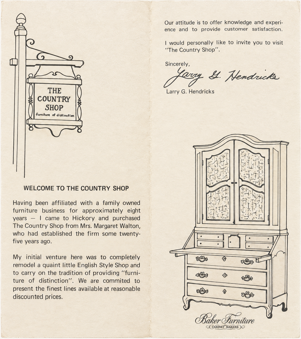 Refined reproduction of the original Country Shop brochure and Larry Hendricks invitation