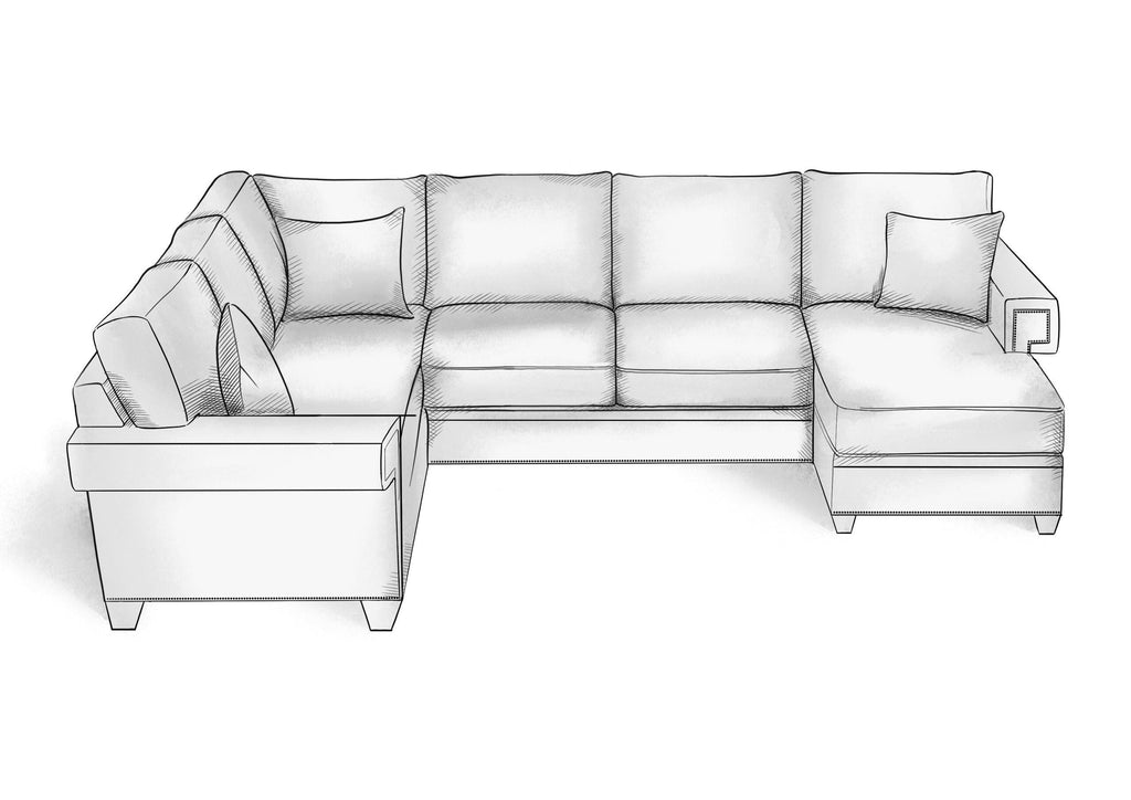 Greek Key Arm Extended L Sectional w/ Chaise - Hendricks Fine Furniture | Luxury Upholstery Craftsmen